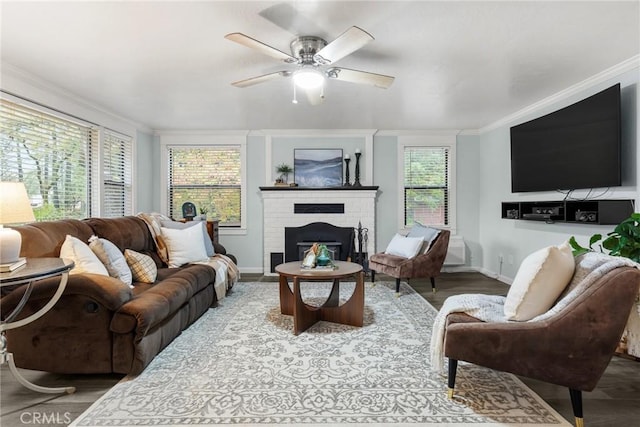 living room with a fireplace, crown molding, and plenty of natural light