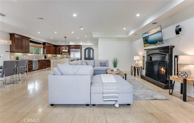 tiled living room with sink