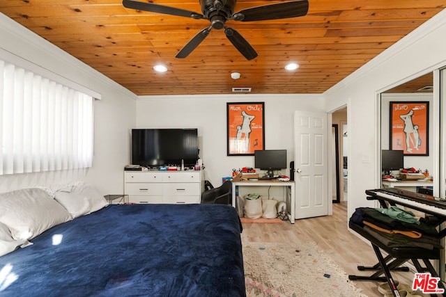 bedroom featuring ceiling fan, crown molding, wood ceiling, and light hardwood / wood-style floors