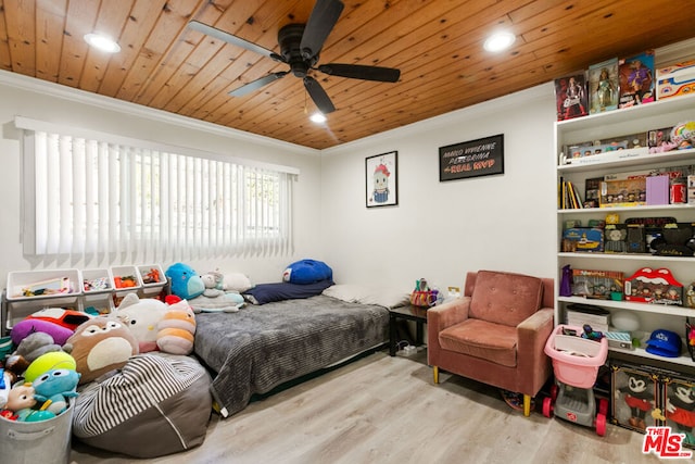 bedroom featuring ceiling fan, crown molding, wooden ceiling, and light hardwood / wood-style floors