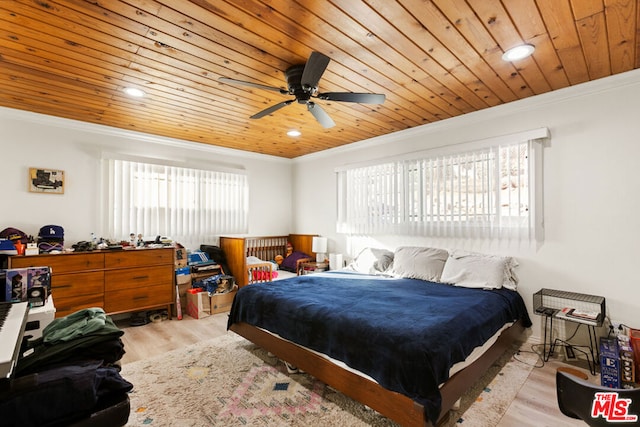 bedroom featuring ornamental molding, light hardwood / wood-style flooring, ceiling fan, and wooden ceiling