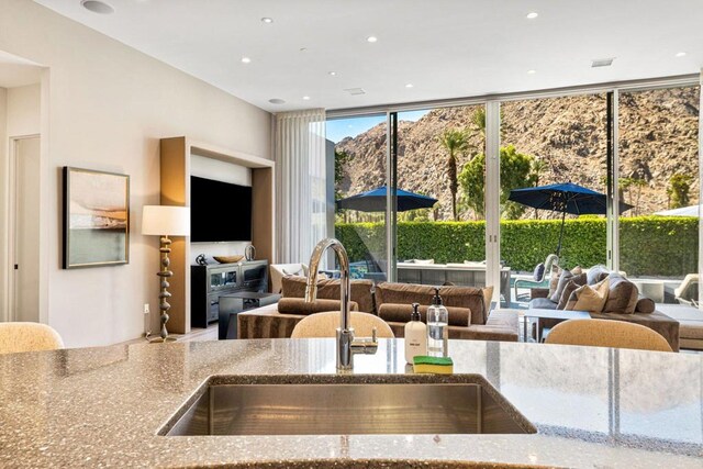 kitchen with light stone counters and sink