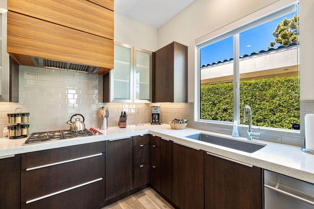 kitchen with sink, stainless steel appliances, backsplash, dark brown cabinets, and custom range hood