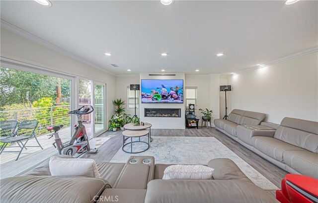 living room with ornamental molding and hardwood / wood-style flooring