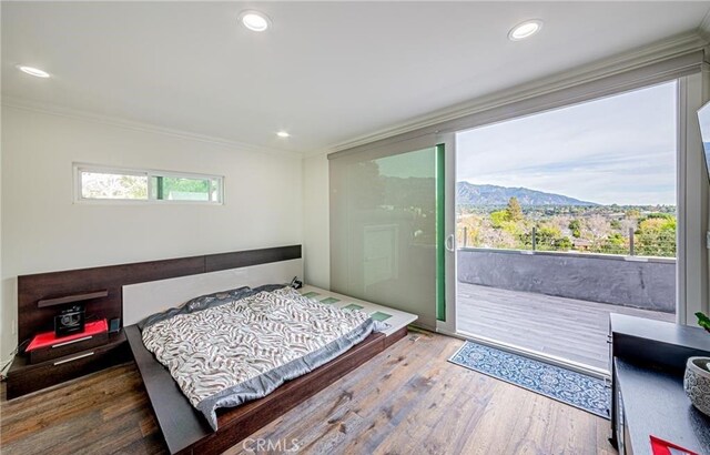 bedroom featuring a mountain view, access to exterior, wood-type flooring, and crown molding