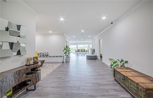 hall featuring light hardwood / wood-style flooring and ornamental molding