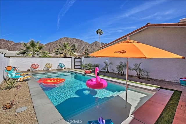 view of swimming pool with a mountain view