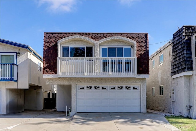 view of front of house featuring a balcony and a garage