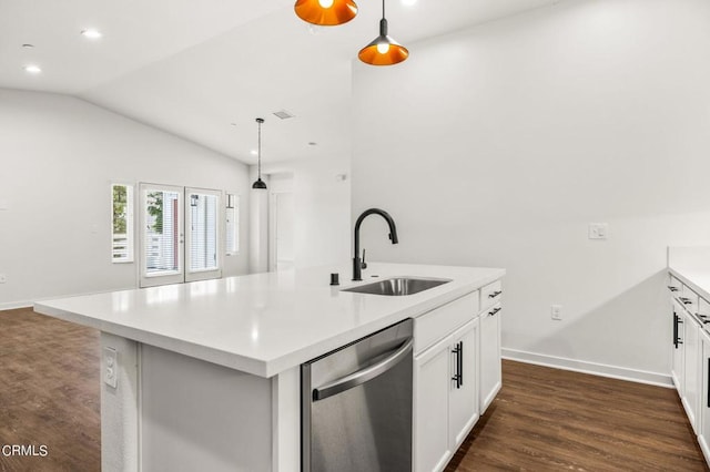 kitchen with decorative light fixtures, dishwasher, sink, a kitchen island with sink, and white cabinets