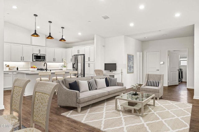 living room with sink and hardwood / wood-style floors