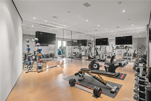 workout area featuring light hardwood / wood-style flooring