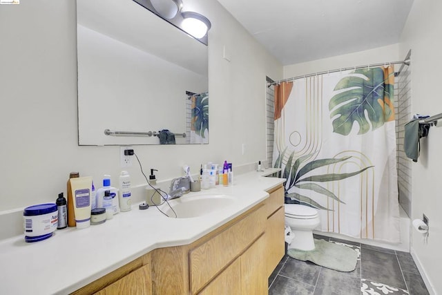 full bathroom featuring tile patterned flooring, vanity, toilet, and shower / tub combo with curtain