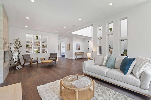 living room featuring a fireplace and dark wood-type flooring