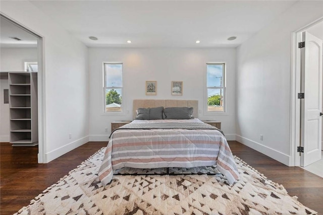 bedroom featuring dark hardwood / wood-style flooring and a spacious closet