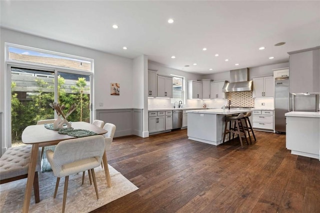 kitchen featuring backsplash, dark hardwood / wood-style flooring, a kitchen island with sink, stainless steel appliances, and wall chimney exhaust hood