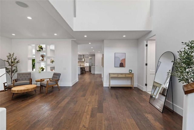 entrance foyer featuring dark wood-type flooring and a high ceiling