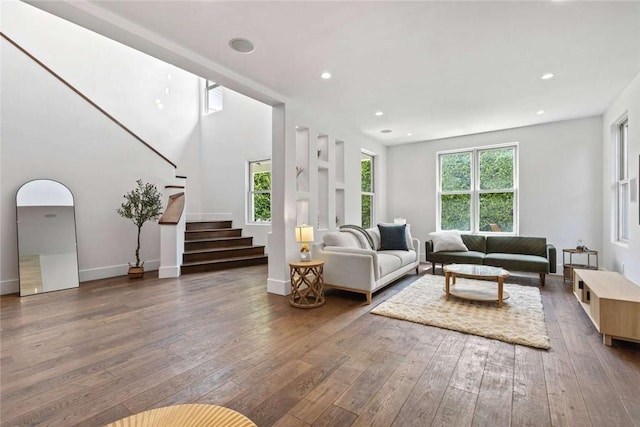 living room featuring dark wood-type flooring