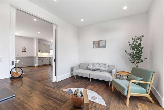 living room featuring dark wood-type flooring