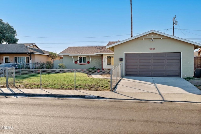 ranch-style home with a garage and a front lawn