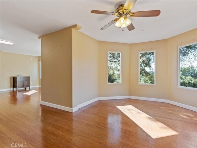 spare room with ceiling fan and light hardwood / wood-style flooring