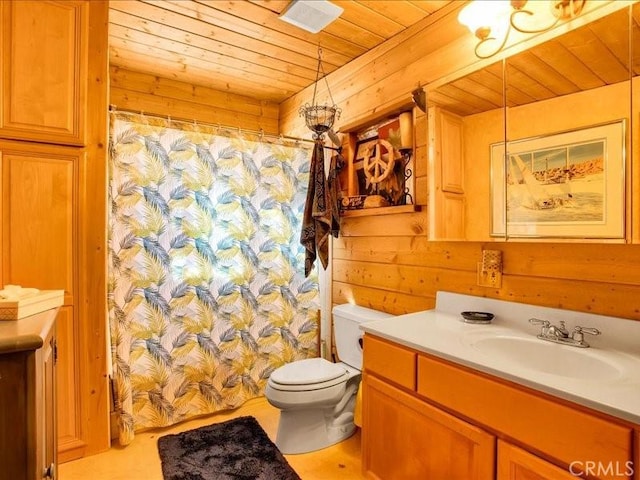 bathroom featuring vanity, toilet, wooden walls, and wood ceiling