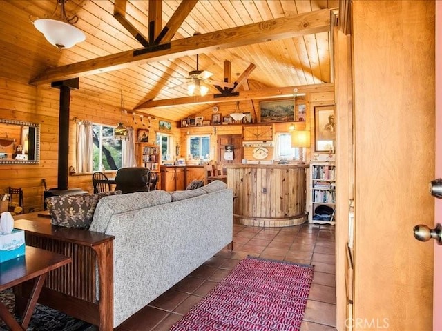 living room with lofted ceiling with beams, wooden walls, a wood stove, and wooden ceiling