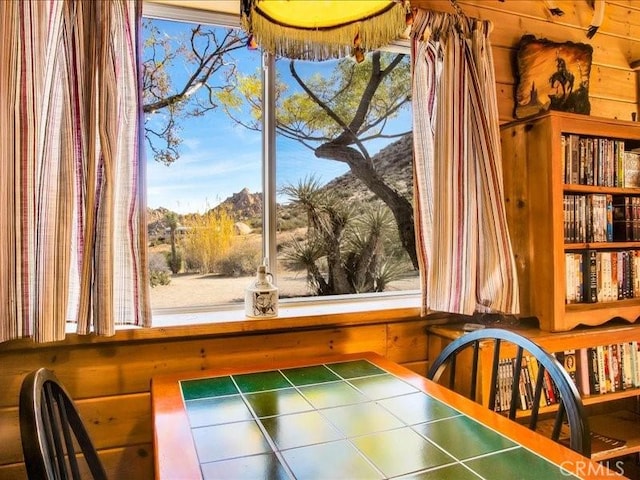 unfurnished dining area with a mountain view and wood walls