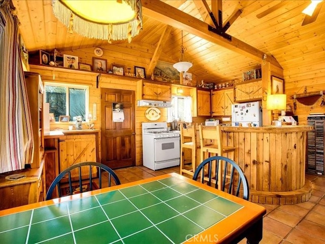 dining room with wood ceiling, wooden walls, and lofted ceiling with beams