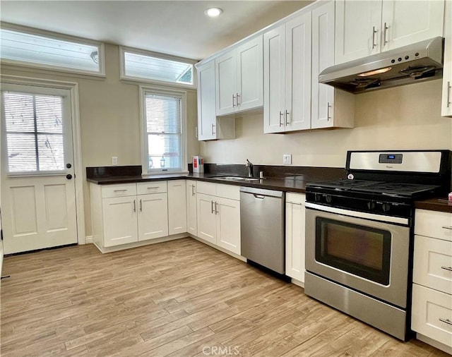 kitchen with white cabinetry, light hardwood / wood-style flooring, stainless steel appliances, and sink