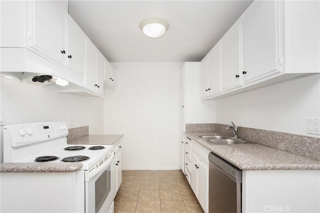 kitchen featuring stainless steel dishwasher, sink, electric range, white cabinetry, and light tile patterned flooring