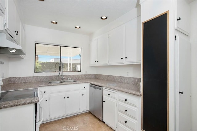 kitchen featuring light stone countertops, white cabinetry, sink, and stainless steel dishwasher