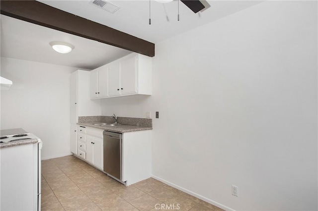 kitchen with white cabinetry, sink, ceiling fan, stainless steel dishwasher, and white electric stove