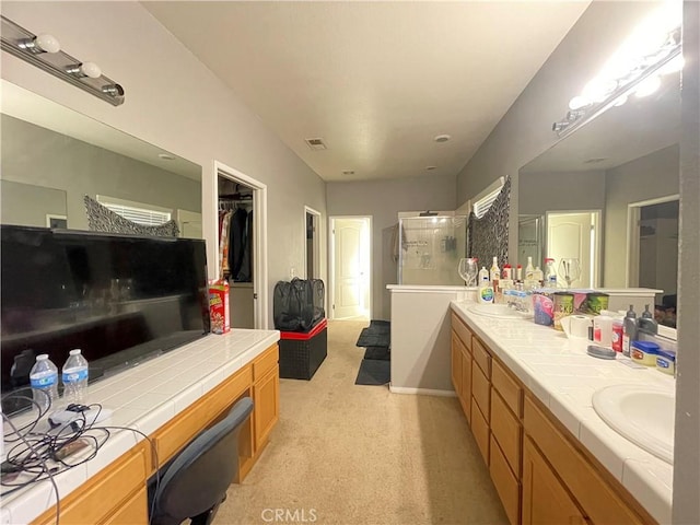 bathroom featuring vanity and a shower with shower door