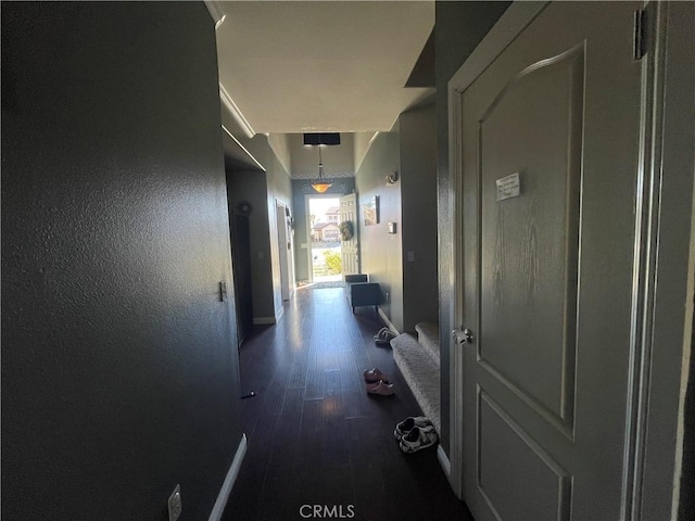 corridor with dark hardwood / wood-style flooring