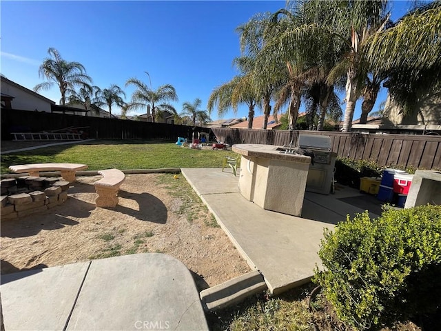 view of yard featuring area for grilling, a patio area, and an outdoor fire pit