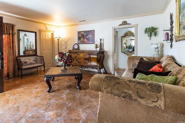 living room featuring crown molding