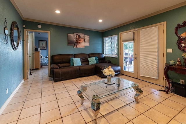 living room featuring light tile patterned floors and ornamental molding