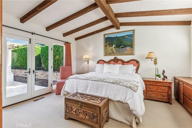 carpeted bedroom with access to exterior, french doors, and vaulted ceiling with beams