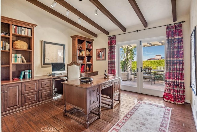 office space featuring french doors, lofted ceiling with beams, and dark hardwood / wood-style floors