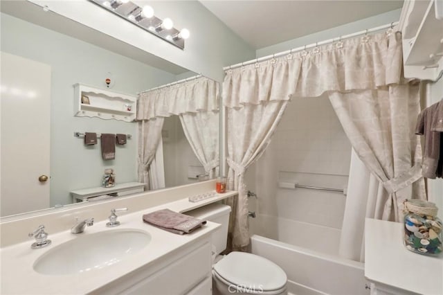 full bathroom featuring shower / bath combo, vanity, toilet, and vaulted ceiling