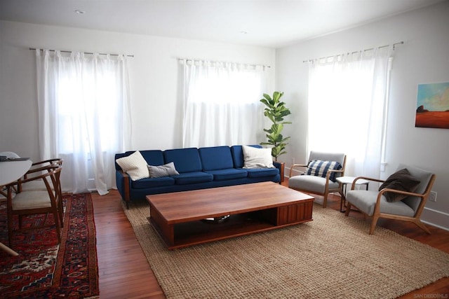 living room featuring dark wood-type flooring