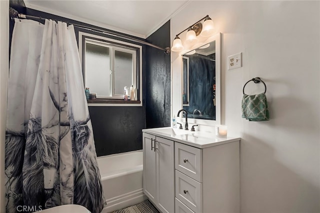 bathroom featuring shower / tub combo, crown molding, and vanity