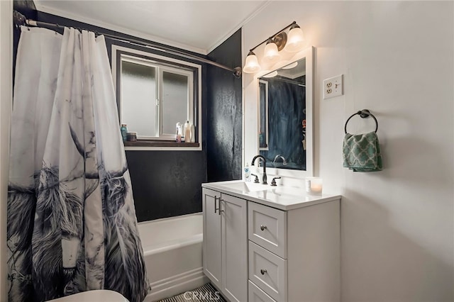 bathroom featuring shower / bathtub combination with curtain and vanity