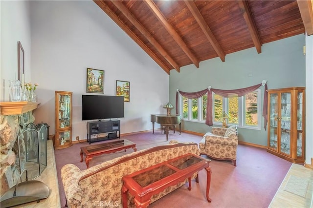 living room with a fireplace, beam ceiling, high vaulted ceiling, and wood ceiling