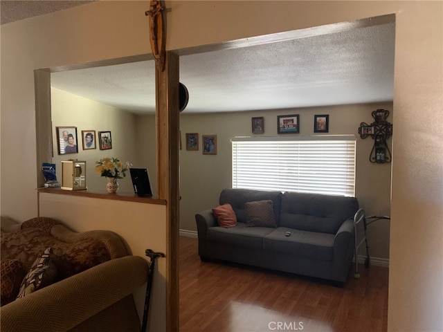 living room featuring hardwood / wood-style flooring and a textured ceiling