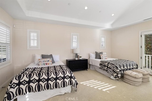 carpeted bedroom featuring a raised ceiling