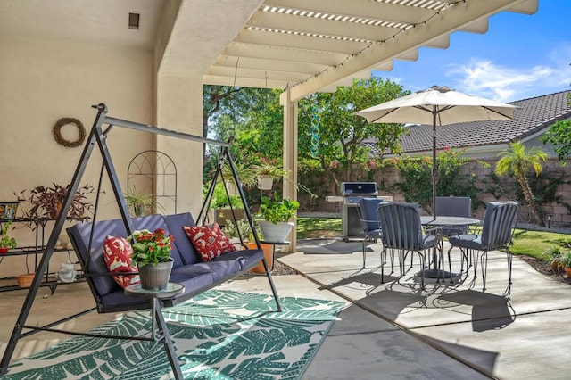 view of patio / terrace with an outdoor hangout area, a grill, and a pergola