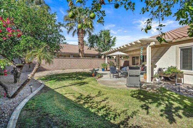 view of yard featuring a pergola and a patio area