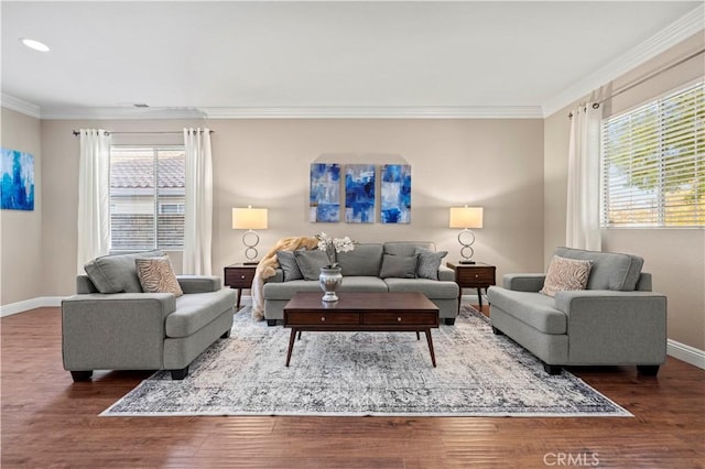 living room featuring dark hardwood / wood-style flooring and crown molding