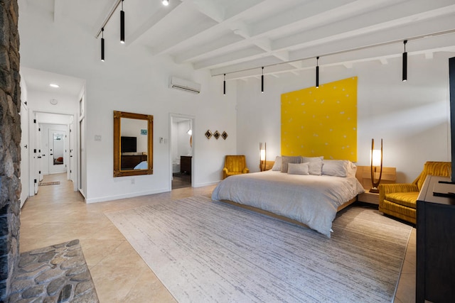 bedroom with beam ceiling, a towering ceiling, and an AC wall unit